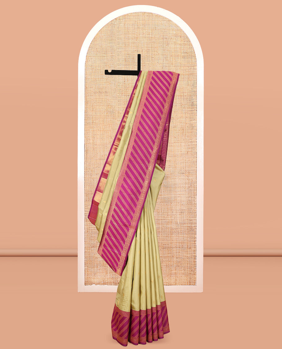 Pale Yellow Kanchipuram Silk Saree, Woven with Zari Buttas, a Contrast Korvai Border of Thilakam Mokku, Kamalam, Greek Key, and Cross Kamalam Designs, Grand Pallu, and a Contrast Blouse