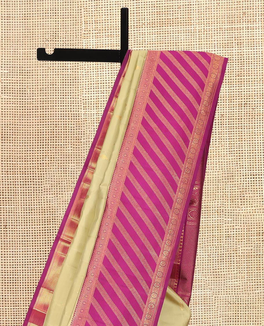 Pale Yellow Kanchipuram Silk Saree, Woven with Zari Buttas, a Contrast Korvai Border of Thilakam Mokku, Kamalam, Greek Key, and Cross Kamalam Designs, Grand Pallu, and a Contrast Blouse