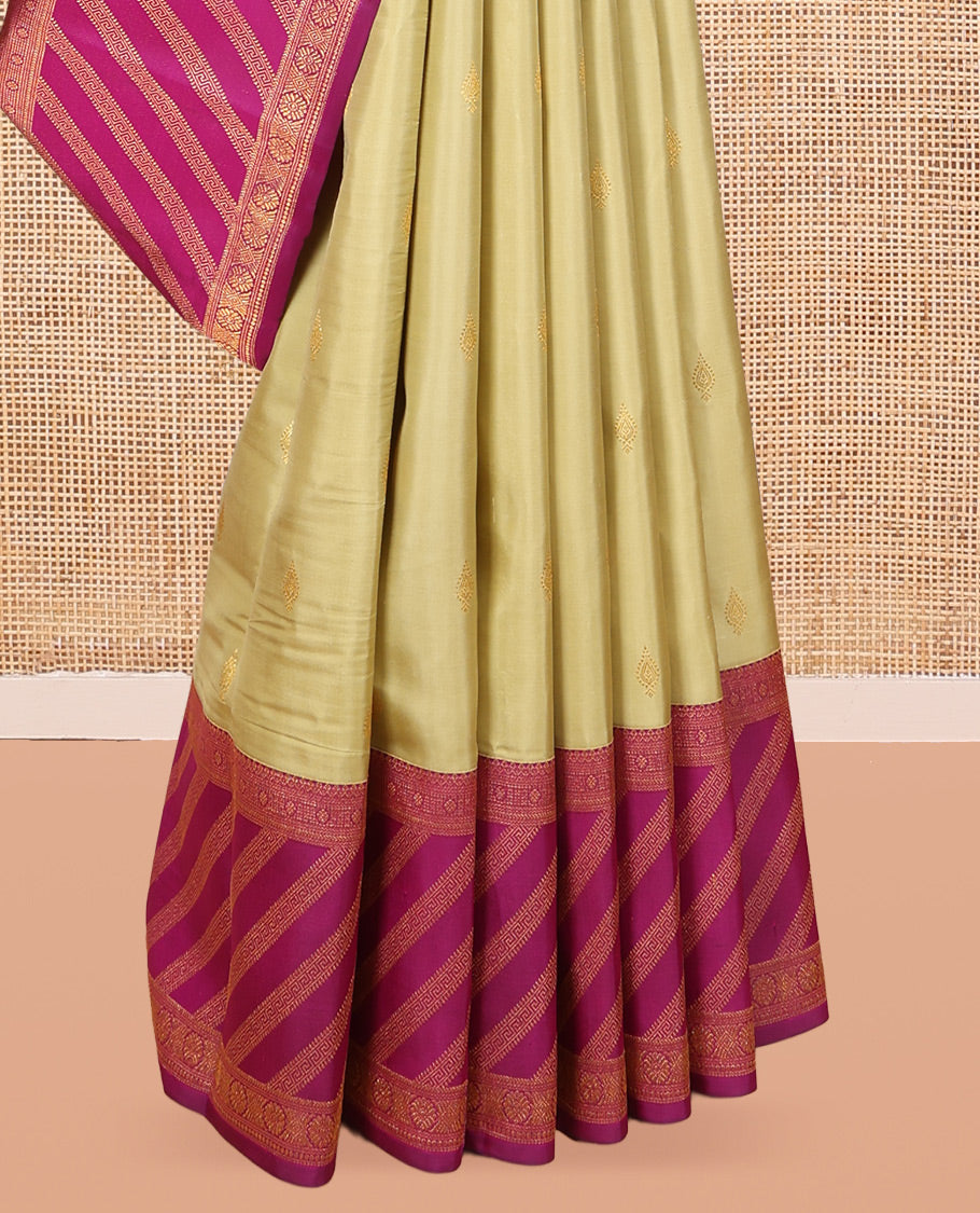 Pale Yellow Kanchipuram Silk Saree, Woven with Zari Buttas, a Contrast Korvai Border of Thilakam Mokku, Kamalam, Greek Key, and Cross Kamalam Designs, Grand Pallu, and a Contrast Blouse