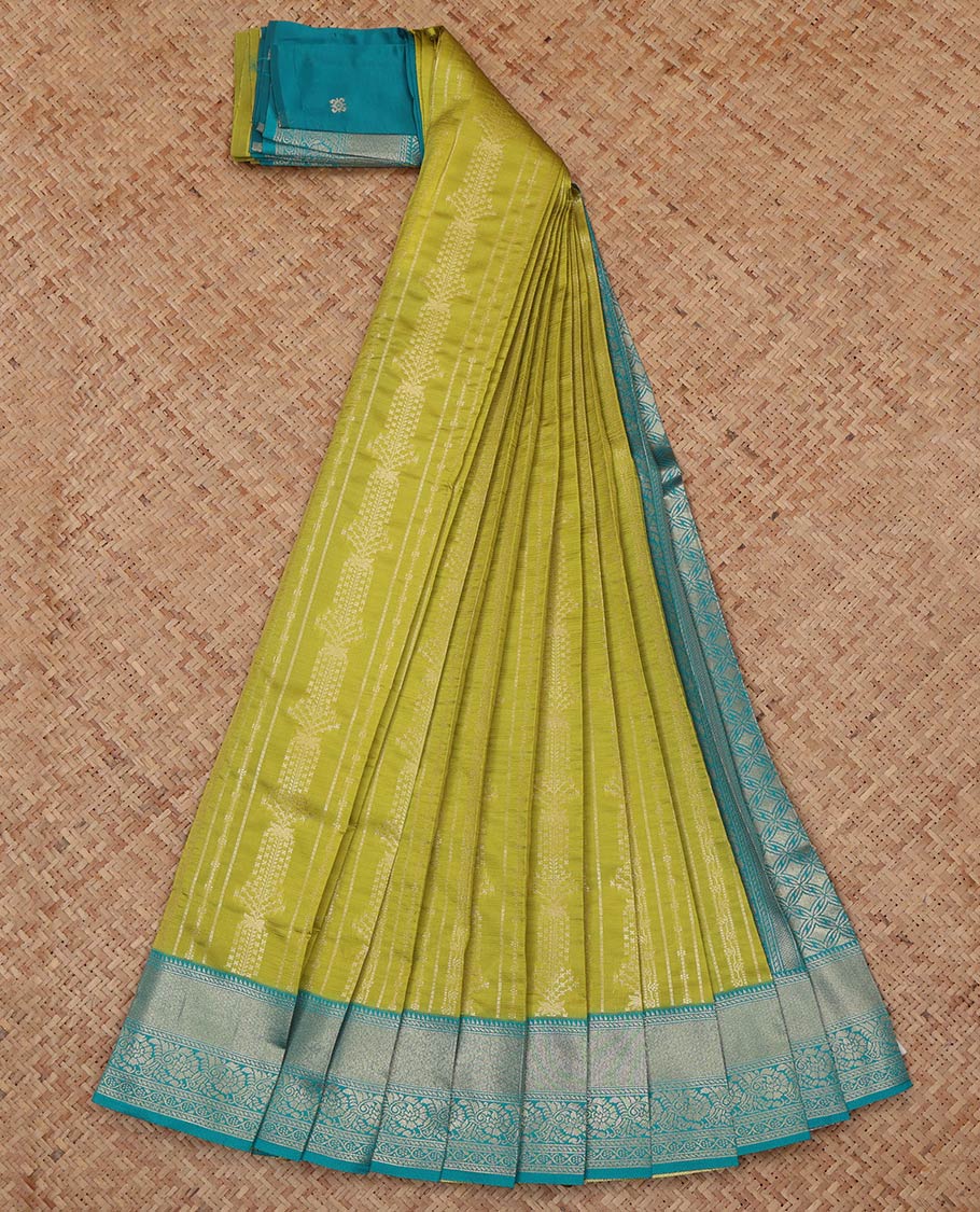 Green Litchi Saree, Sparsely Woven with Zari Designs, a Contrast Traditional Zari Border, Grand Jaal Pallu, and a Contrast Blouse