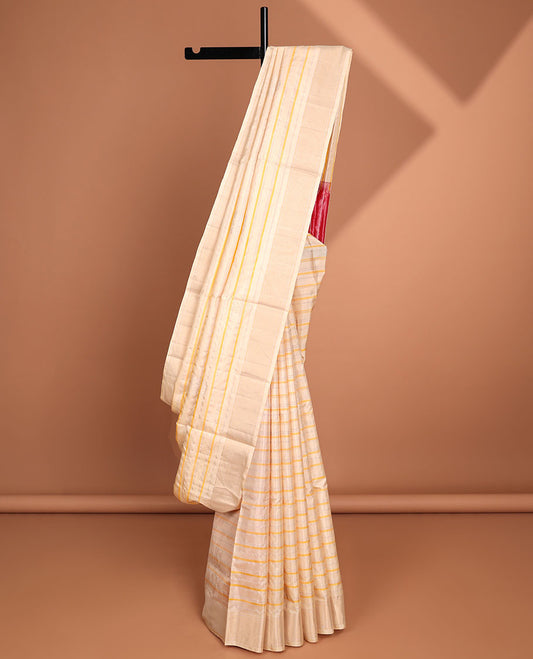 Cream striped soft silk saree, zari border & contrast pallu of stripes