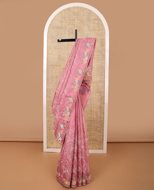 Red floral thread embroidery organza saree with self floral, bird embroidery border