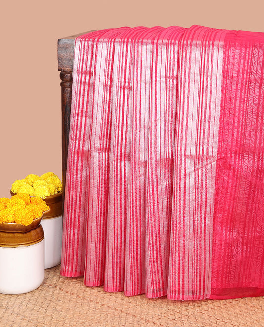 Pink lehariya design crush tissue saree with self border & chit pallu along with striped silver blouse