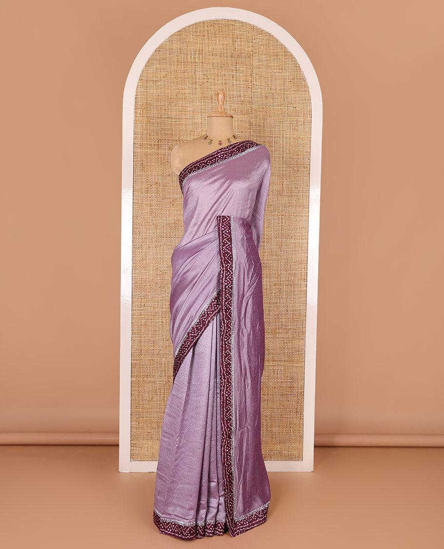 Lavender plain Vichitra silk saree, contrast bandhani printed with Swarovski micro-stonework border, and a contrast bandhani printed blouse
