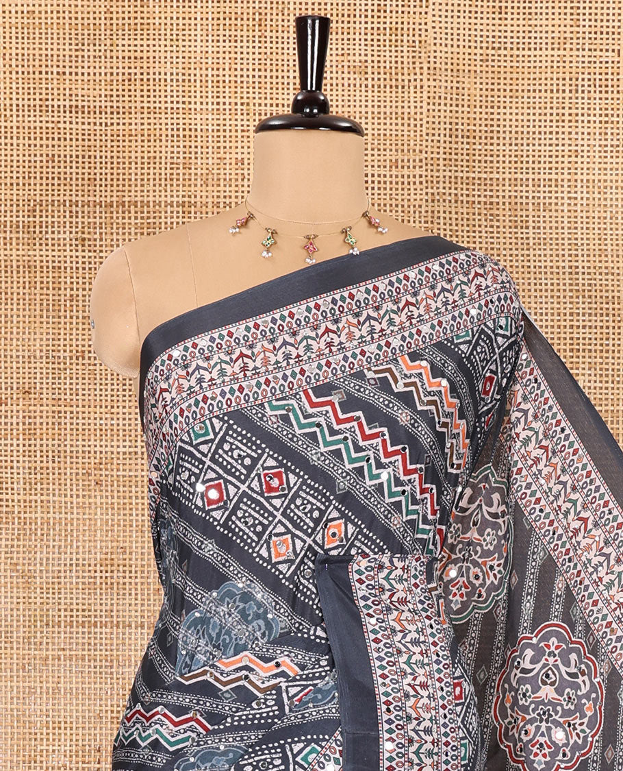 Grey geometric patterns batik style printed and mirror work masakali saree, printed border, geometric printed pallu, and a matching blouse