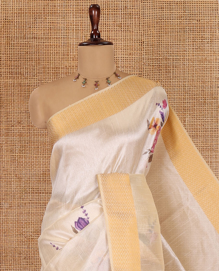 Cream Semi-Tussar Saree, Adorned with Floral Print, Zari Chevron Striped Border, and a Matching Blouse