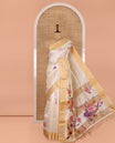 Cream Semi-Tussar Saree, Adorned with Floral Print, Zari Chevron Striped Border, and a Matching Blouse