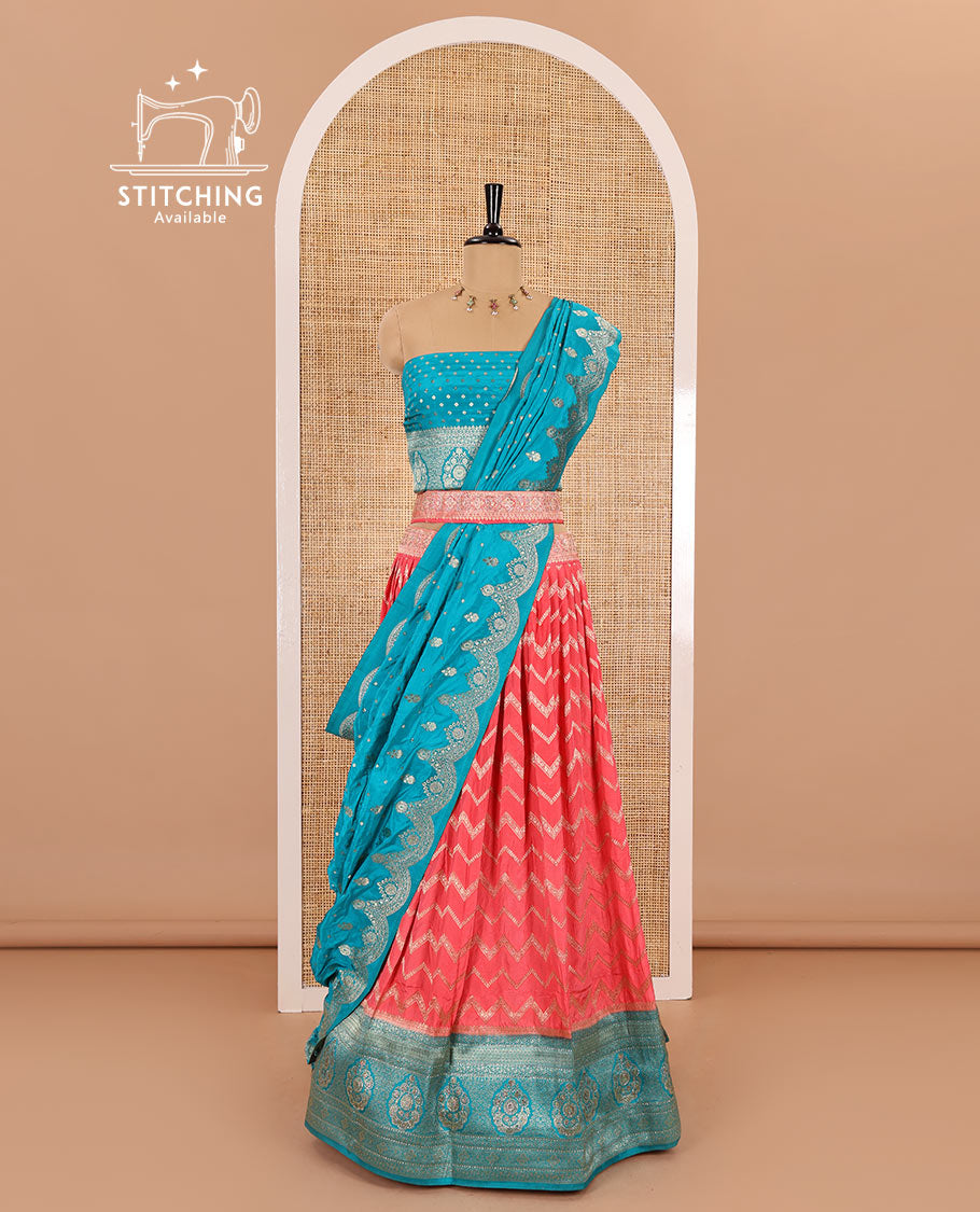 Magenta chiniya crepe half-saree,  chevron zari jacquard with contrast intricate patterned stone work bordered skirt, contrast blouse, and a scallop bordered intricate dhavani