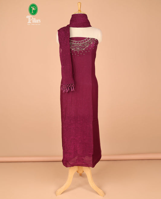 Wine chiffon chudidhar material set  gold hanwork top with santoon bottom