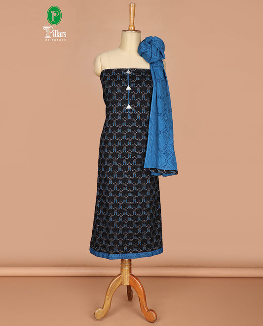 Black with blue ikkat print fancy neck, katha work flex cotton chudidhar material top with cotton pants & negative print dupatta
