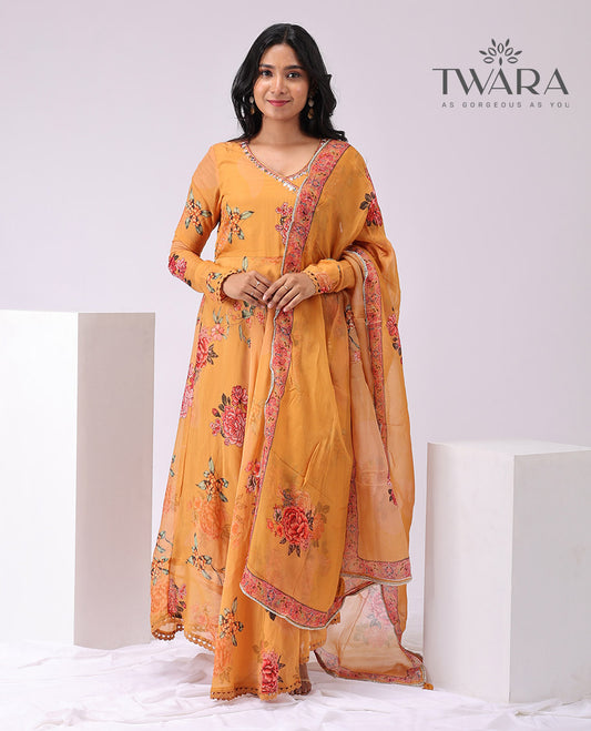 Twara orange floral design v neck, full sleeve, full lenght dress with floral design dupatta