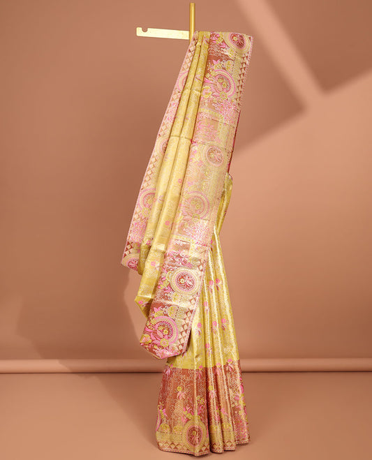 Yellow floral jacquard samudrika silk saree with contrast intricate zari design border & floral zari design pallu