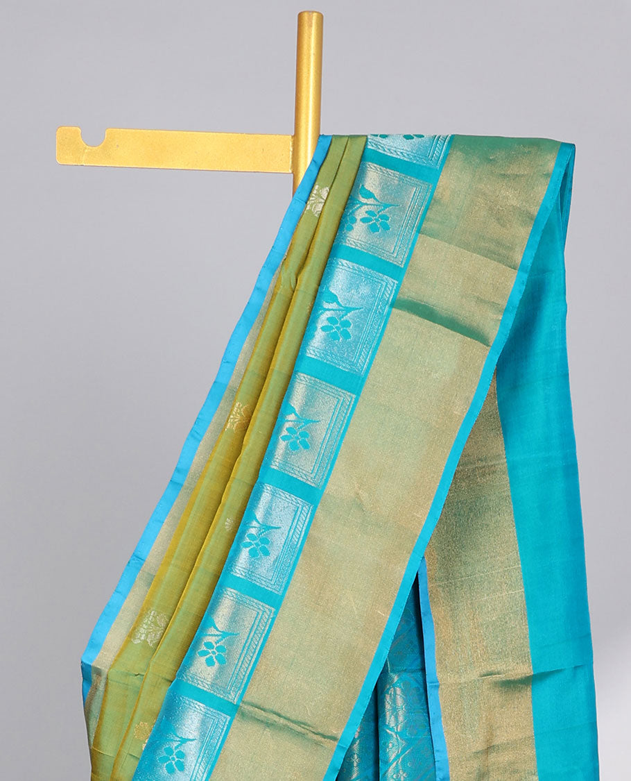 Green floral design uppada silk saree with contrast zari border & floral enclosed with checked design pallu