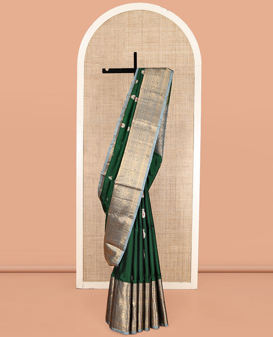 Green Uppada Silk Saree, Delicately Woven with Zari Buttas, Complemented by a Contrast Traditional Zari Border, Grand Pallu, and a Contrast Blouse