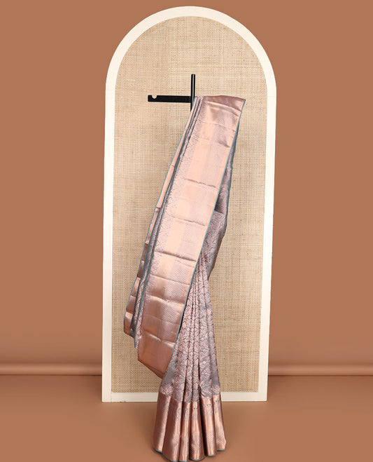 Grey jacquard Kanchipuram wedding silk saree, zari border of rekku, muthu, pakshi, and jaal designs, and intricate pallu