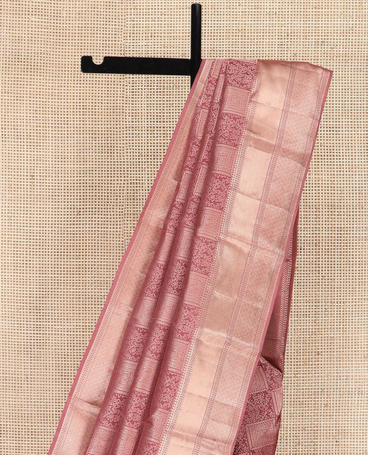 Rosewood Pink Kanchipuram Wedding Silk Saree Elegantly Adorned with Jacquard Designs, Highlighted with Zari Border of Thilakam, Muthu, and Scallop Designs, Majestically Detailed Pallu, and Paired with a Matching Blouse