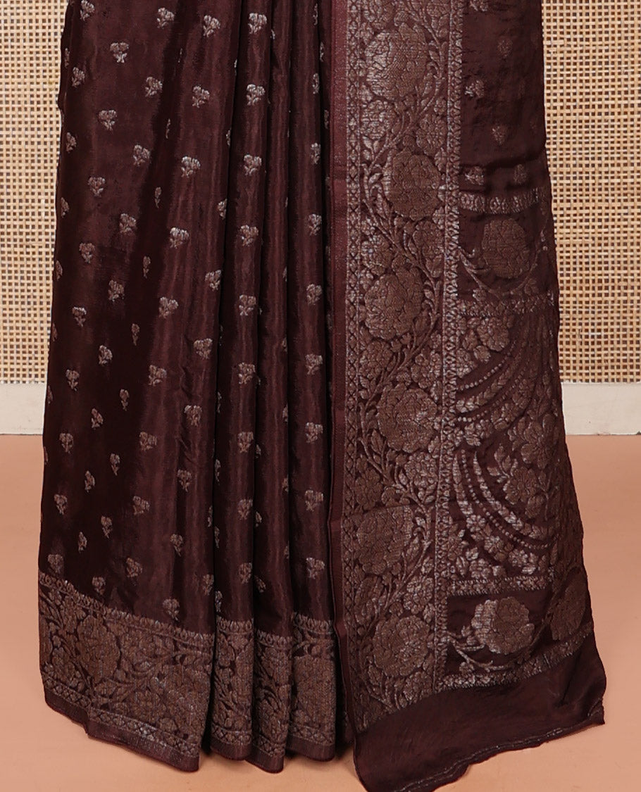Brown Fancy Crepe Saree, Subtly Sparkled with Buttas, Highlighted by a Floral Creeper Border, Intricate Pallu, and a Matching Blouse