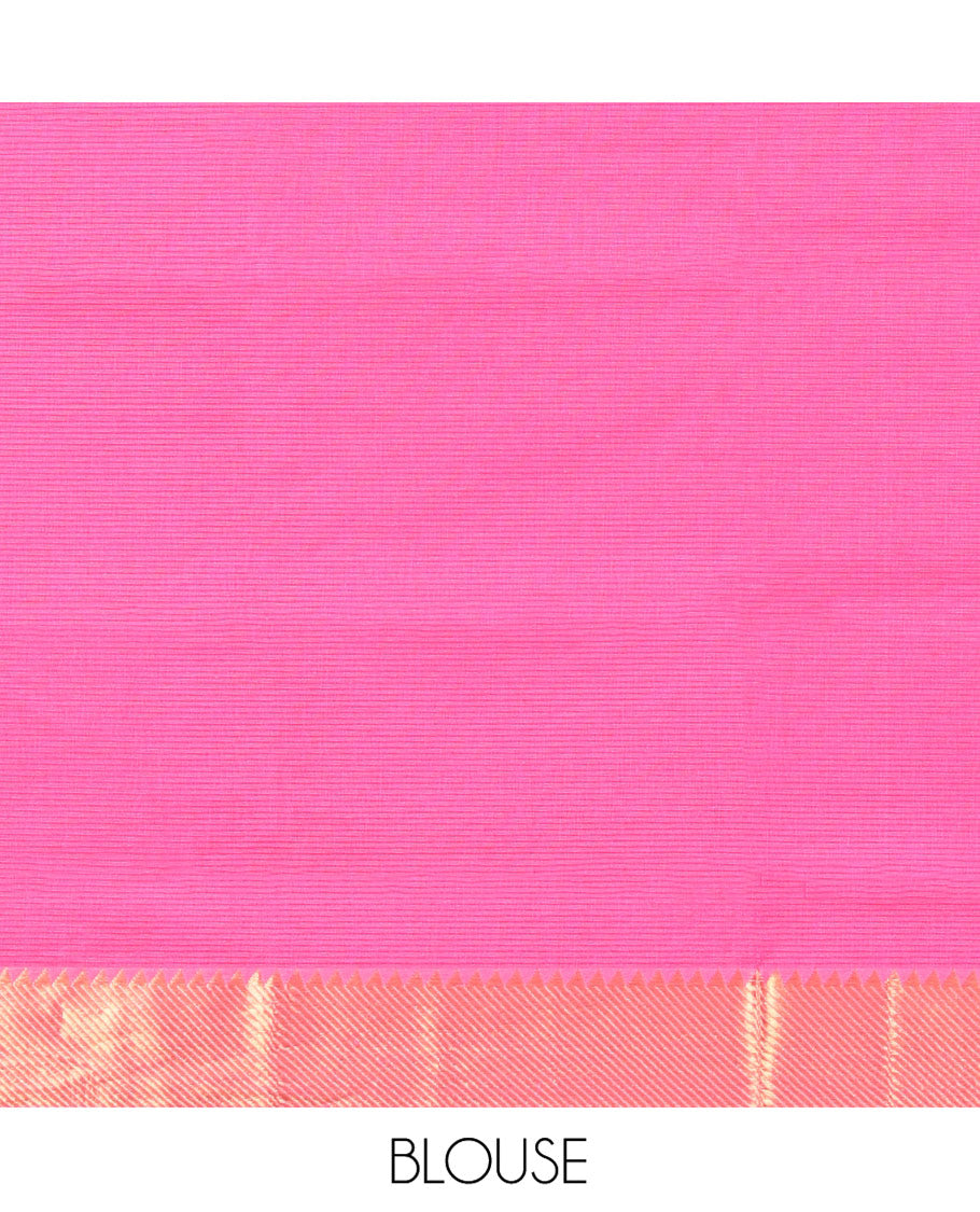 Pink Sparsely Striped Mangalgiri Cotton Saree, Highlighted by a Zari Border, Gleaming Zari-Striped Pallu, and Paired with a Matching Blouse