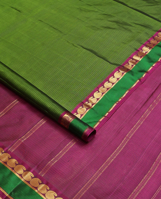 Green striped nine-yard silk saree, contrast border of manga, and kathir designs, and pallu do zari designs