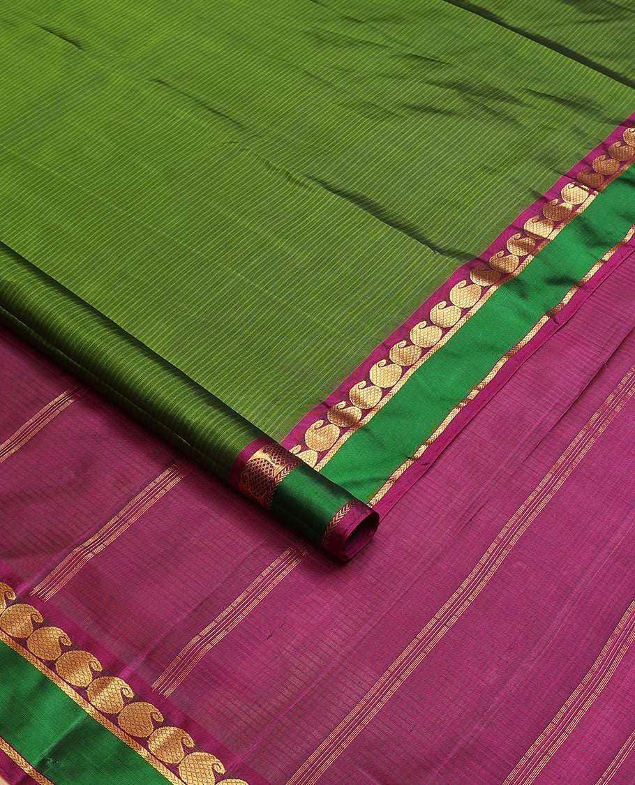 Green striped nine-yard silk saree, contrast border of manga, and kathir designs, and pallu do zari designs