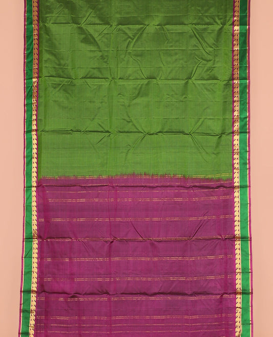 Green striped nine-yard silk saree, contrast border of manga, and kathir designs, and pallu do zari designs