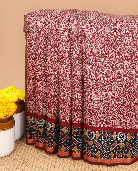 Maroon with black printed designchanderi cotton saree,ikkat printed, gold zari lining border & ikkat printed pallu along with printed blouse