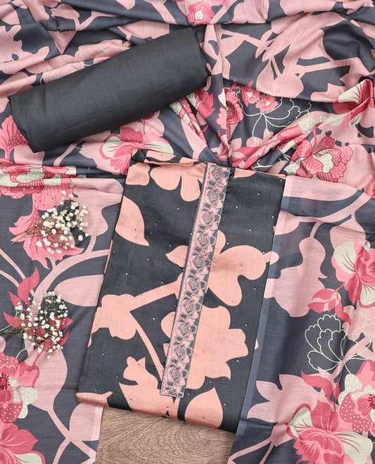 Black and Pink Material Chudidar Set, Accentuated with Silhouette-Style Floral Print, and Stone Work on Its Rayon Top, a Plain Rayon Bottom, and Paired with a Floral Printed Rayon Dupatta