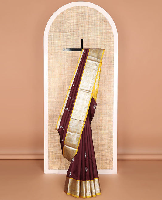 Brown motifs design venkatagiri cotton saree with contrast zari design pallu & argyle design pallu