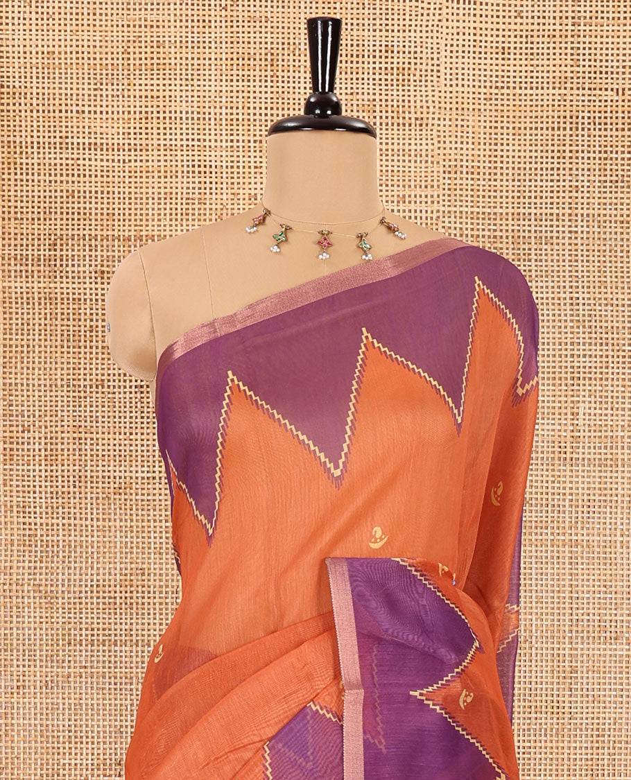 Orange small buttas printed Linen cotton saree, contrast double-sided temple border, striped pallu, and vertically striped blouse