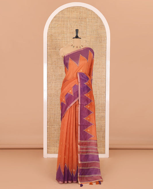 Orange small buttas printed Linen cotton saree, contrast double-sided temple border, striped pallu, and vertically striped blouse