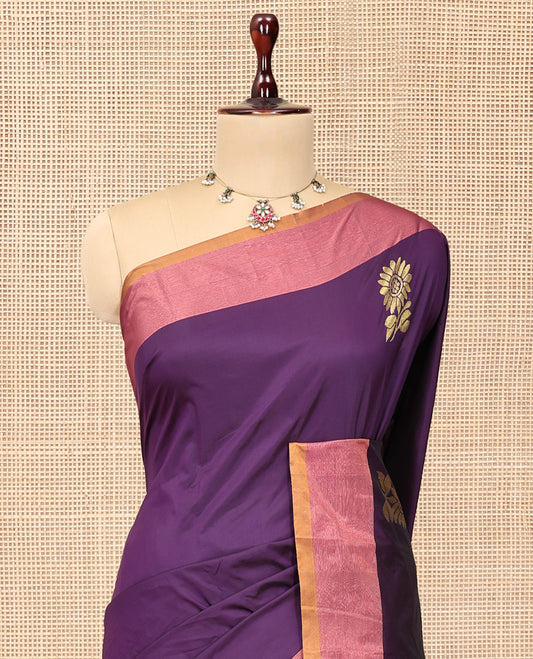 Purple Arani Saree Features Floral Zari Buttas, a Contrast Border, Pallu of Zari Designs, and a Contrast Blouse