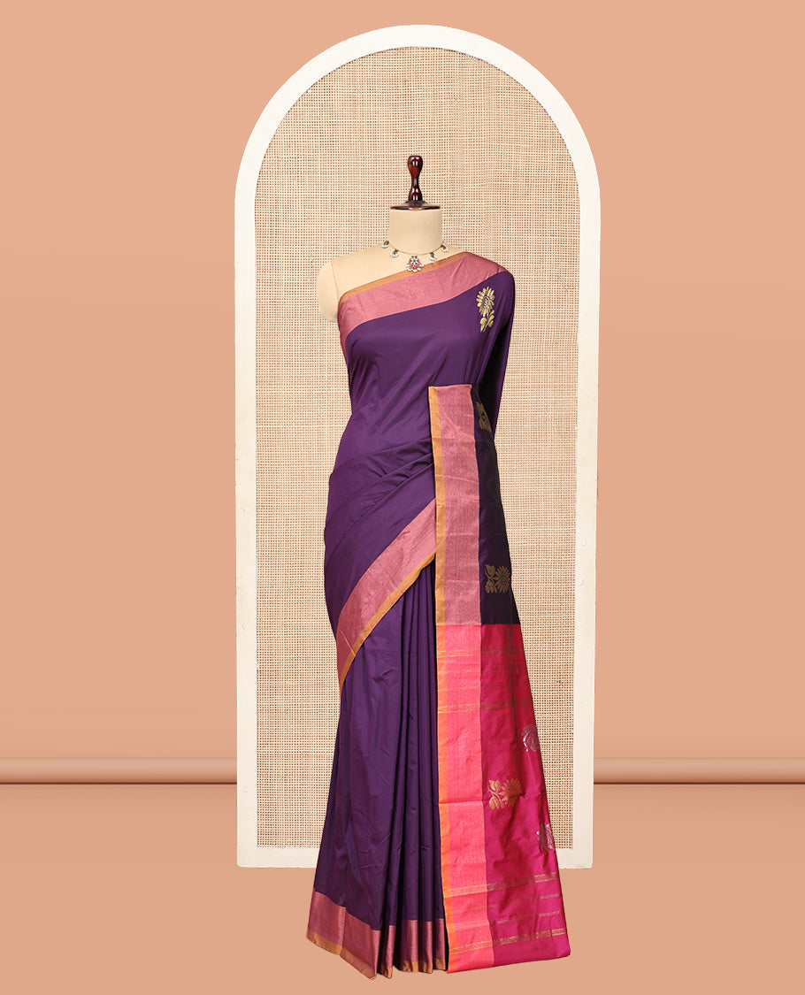 Purple Arani Saree Features Floral Zari Buttas, a Contrast Border, Pallu of Zari Designs, and a Contrast Blouse