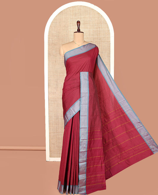 Red Aarani Gift Saree, Steeped with Buttas on Its Body, Complemented by a Contrast Border, a Self-Pallu of Stripes, and Paired with a Matching Blouse