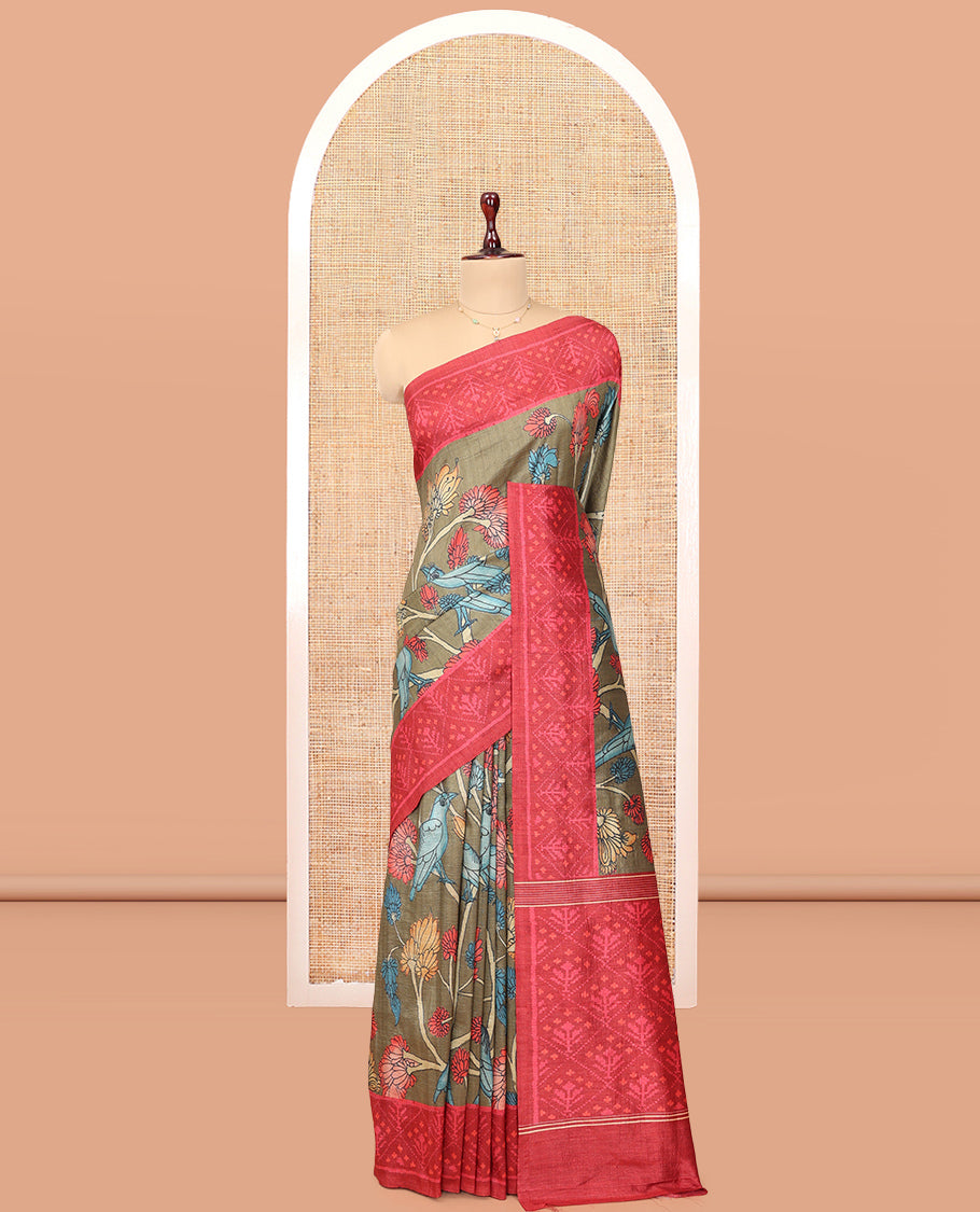 Grey Fancy Tussar Saree Features Kalamkari Floral Vine and Bird Print, Contrast Patola Border, Patola Pallu, and a Contrast Blouse