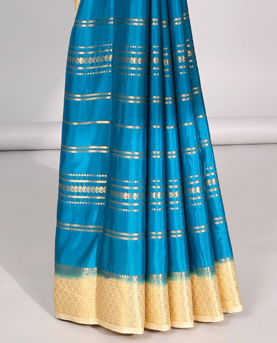 Blue striped design mysore silk saree with contrast argyle border & wedding printed pallu