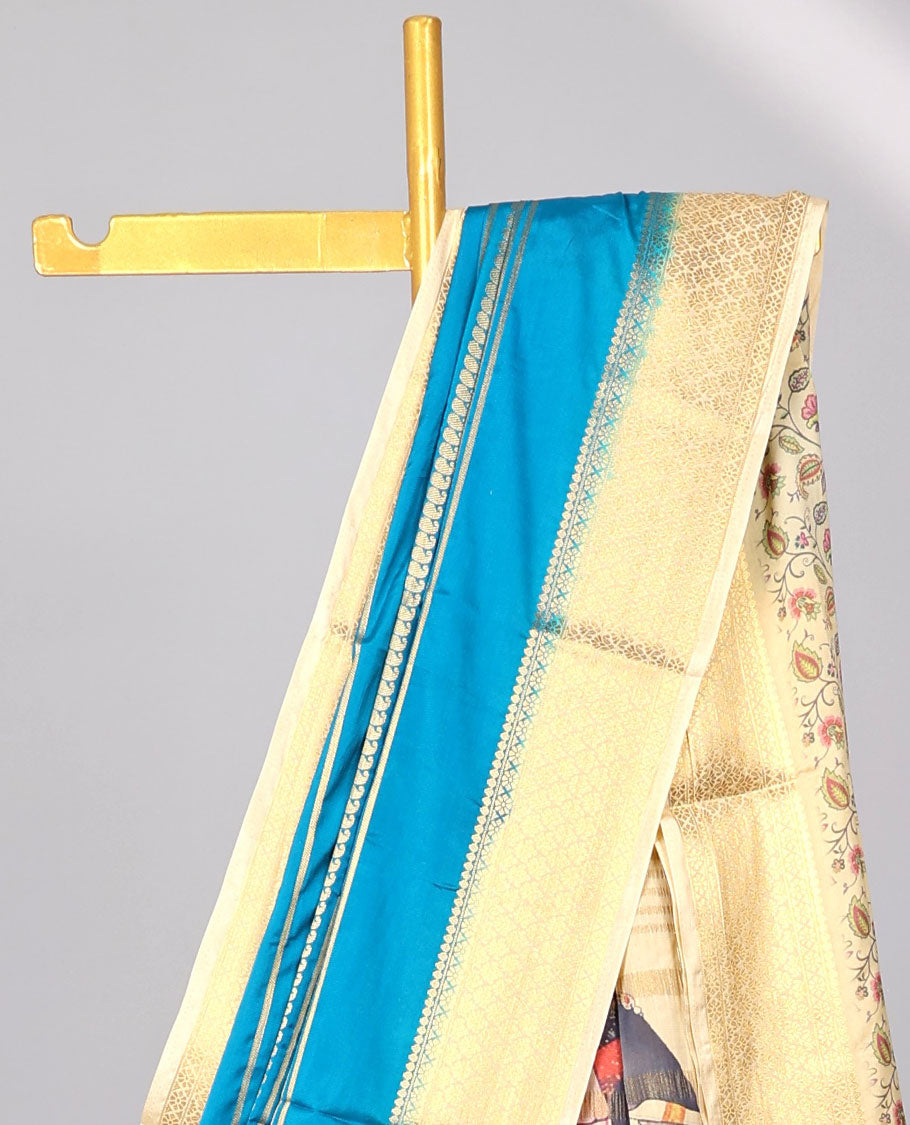 Blue striped design mysore silk saree with contrast argyle border & wedding printed pallu