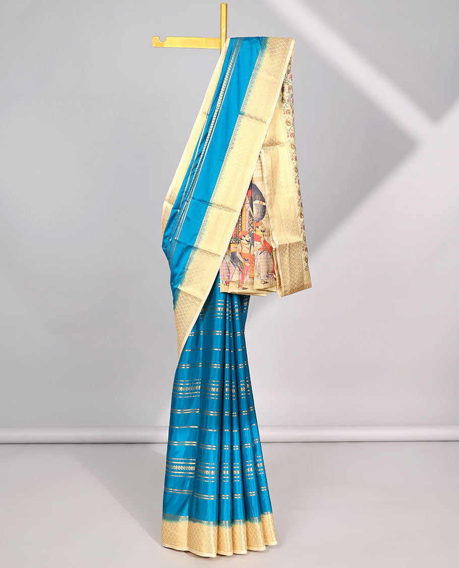 Blue striped design mysore silk saree with contrast argyle border & wedding printed pallu