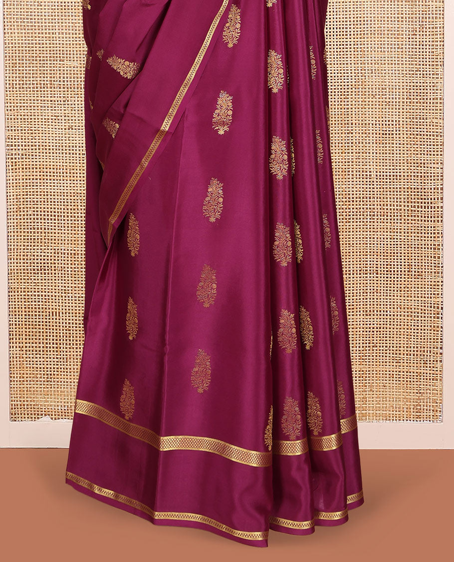 Magenta Mysore Silk Saree Features Paisley Butta, Complemented by Double-pet Zari Border, an Intricate Floral Pallu, and a Matching Blouse