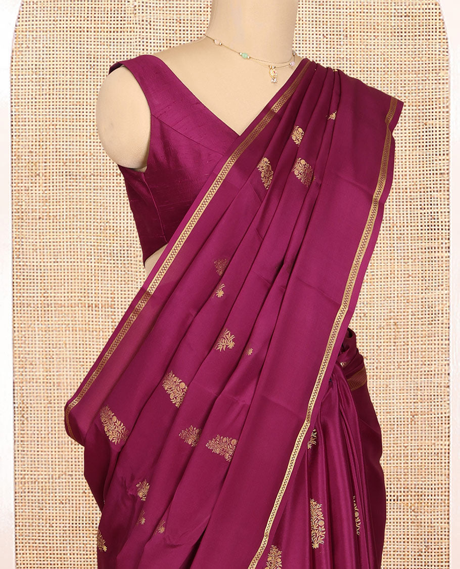 Magenta Mysore Silk Saree Features Paisley Butta, Complemented by Double-pet Zari Border, an Intricate Floral Pallu, and a Matching Blouse