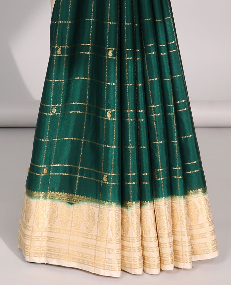 Green checked art mysore silk saree  with contrast zari border & elephant,human motifs pallu
