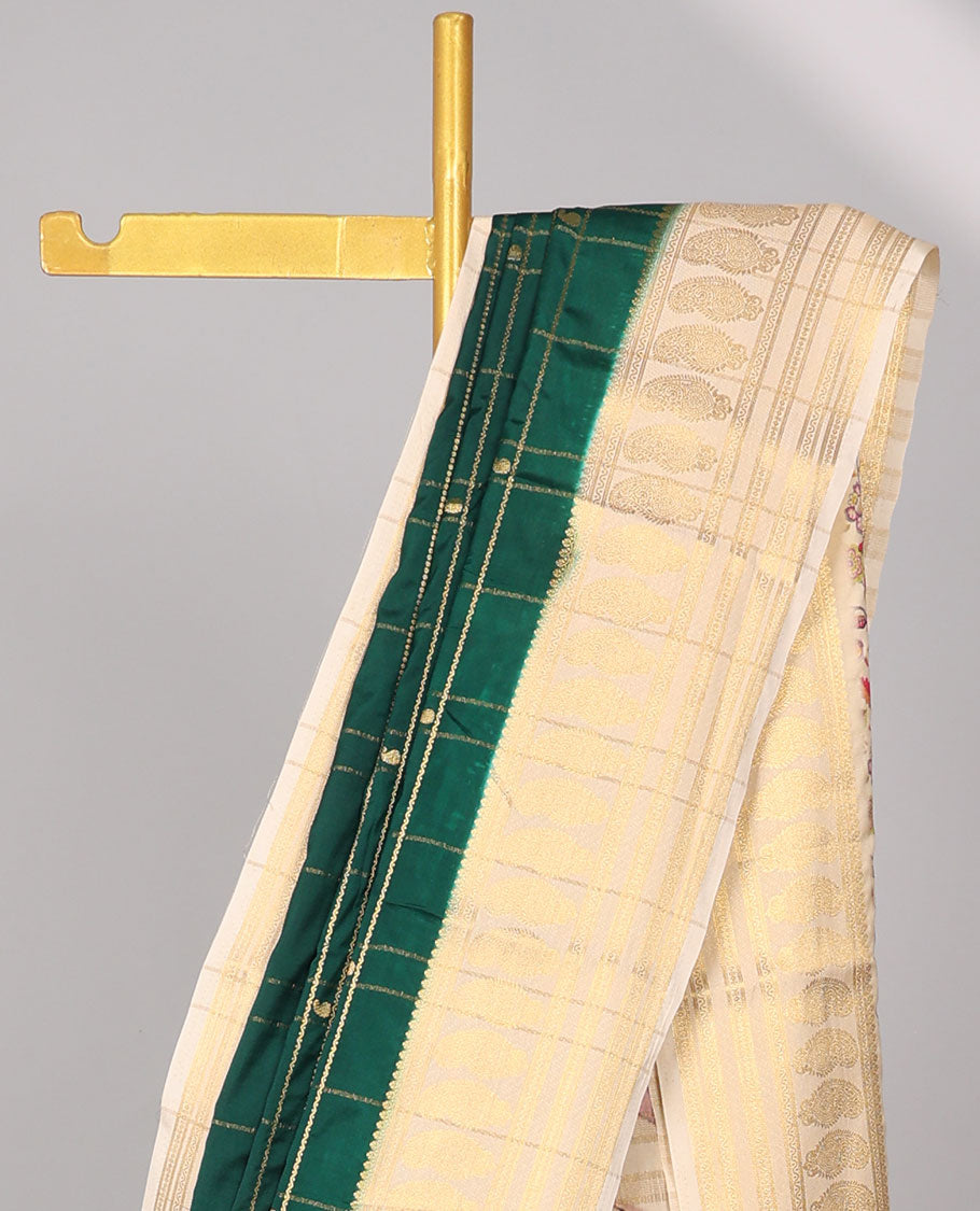 Green checked art mysore silk saree  with contrast zari border & elephant,human motifs pallu