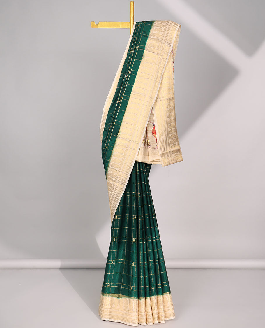 Green checked art mysore silk saree  with contrast zari border & elephant,human motifs pallu