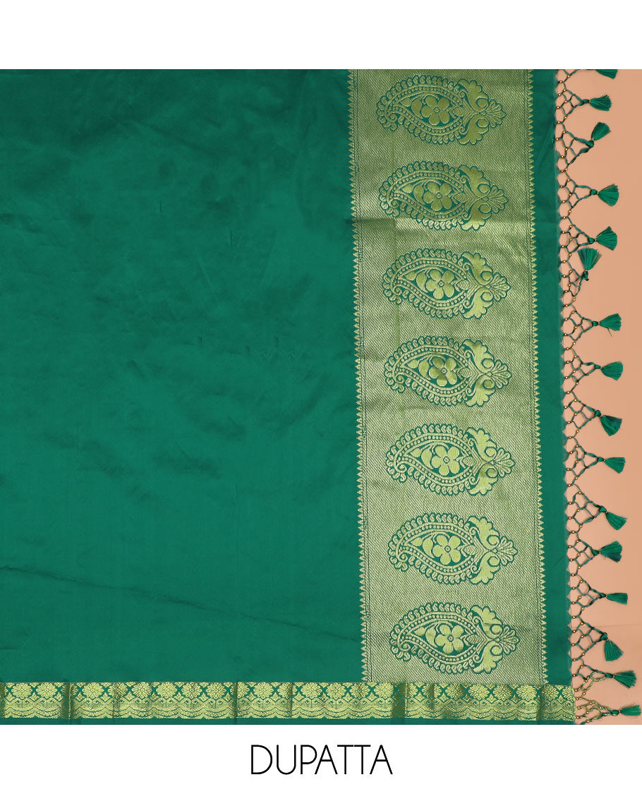 Purple floral jacquard art silk half-saree saree with contrast meenakari bordered skirt, contrast jacquard blouse, and a contrast zari paisleys woven dhavani