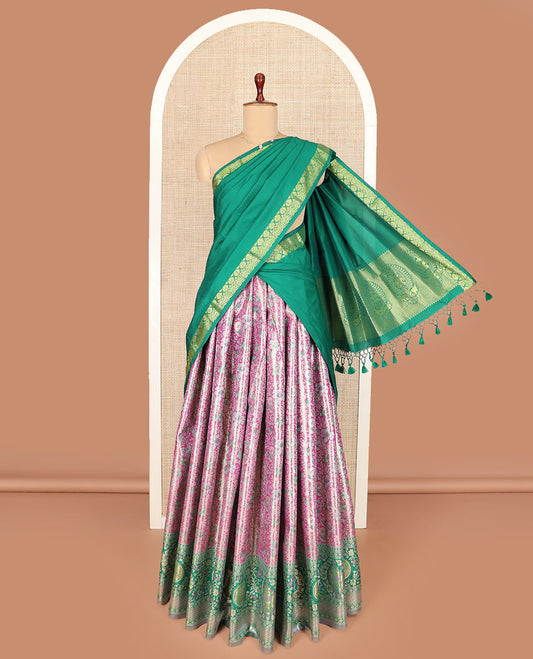 Purple floral jacquard art silk half-saree saree with contrast meenakari bordered skirt, contrast jacquard blouse, and a contrast zari paisleys woven dhavani