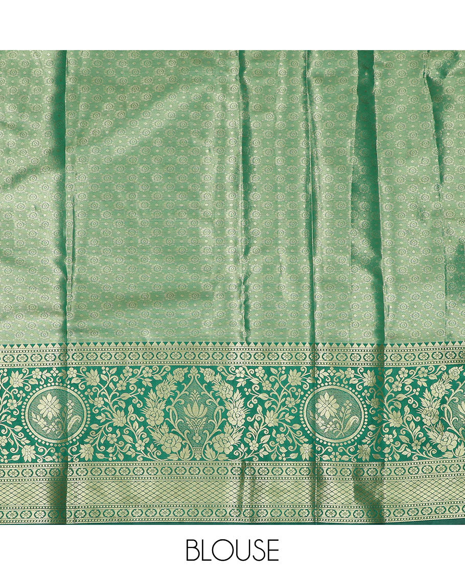 Purple floral jacquard art silk half-saree saree with contrast meenakari bordered skirt, contrast jacquard blouse, and a contrast zari paisleys woven dhavani