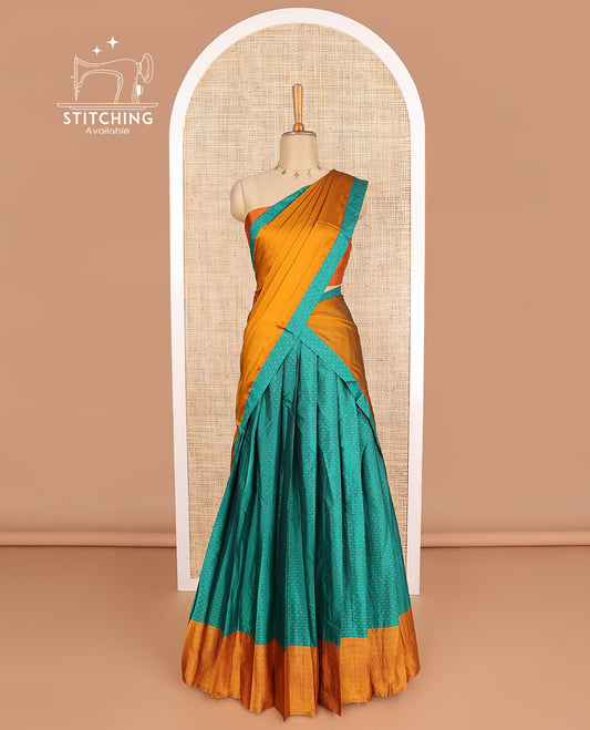Green geometric design poly-cotton half saree with contrast border, plain blouse & plain, geometric design border dhavani