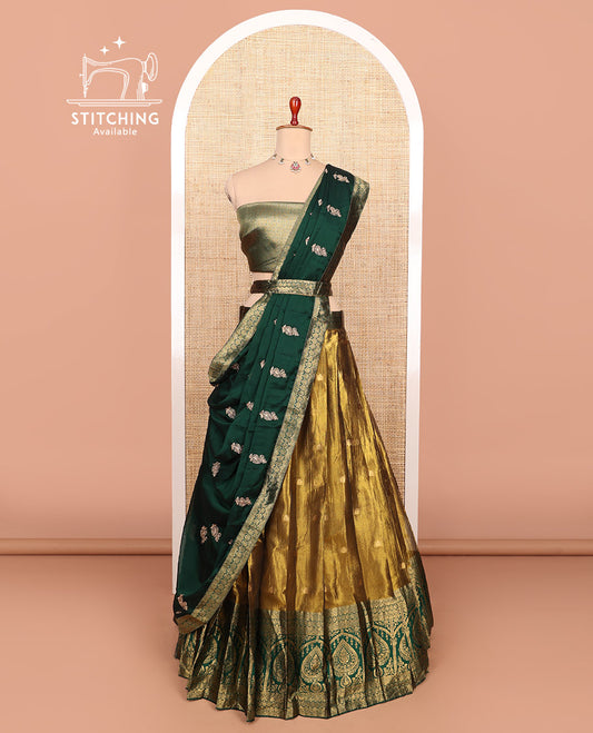 Gold-dark green zari buttas half-saree with contrast Mughal-style unique motifs woven bordered skirt, brocade blouse, and a zari design dhavani