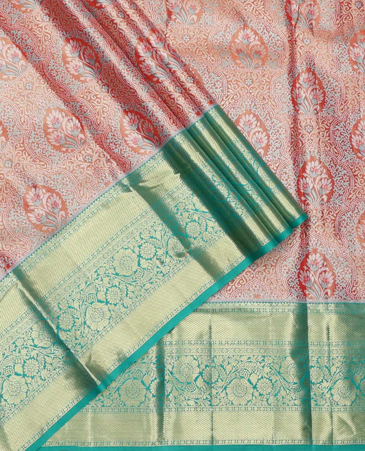 Orange Art Silk Material Half Saree Set, Bedecked with Jacquard Design Skirt, a Contrast Traditional Zari Border of Floral Creeper Designs, Contrast Zari-Jacquard Blouse, and a Dhavani of Paisley Designs