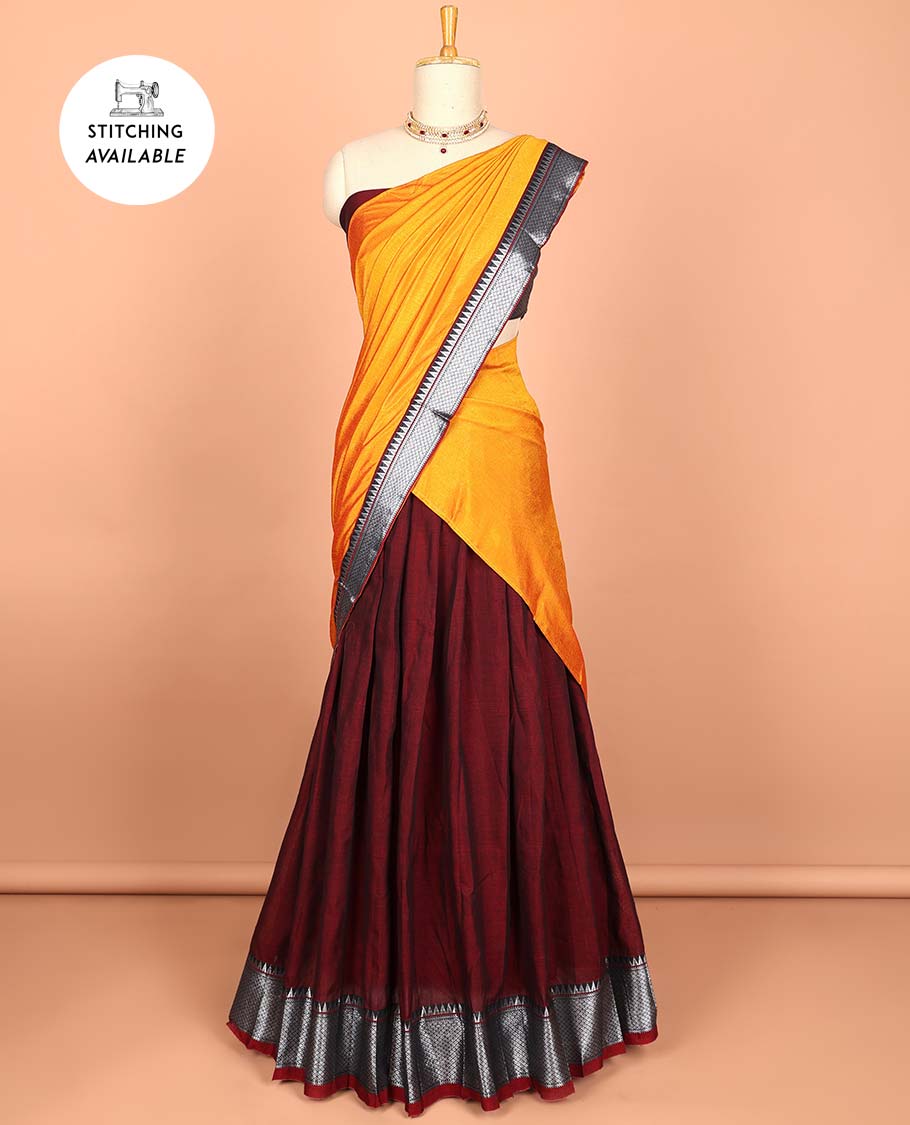 Green cotton half saree with contrast zari border, plain blouse & plain with zari border dhavani