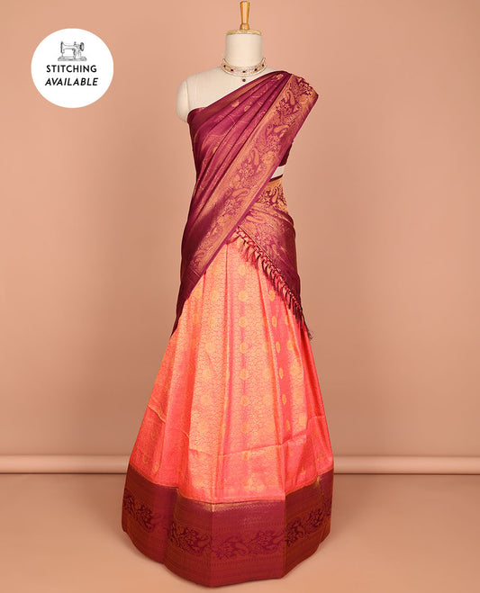 Red floral jacquard banaras half saree with contrast intricate zari design border, zari design blouse & floral zari design dhavani
